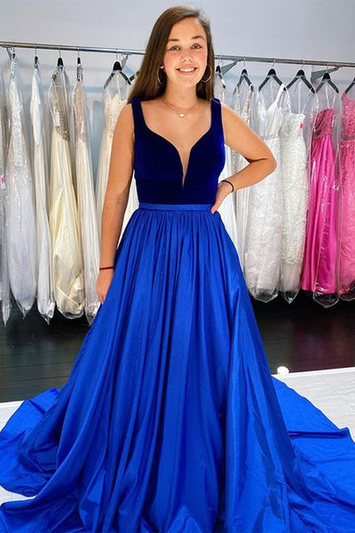 A Line V Neck Blue Velvet Top Long Prom Dress with Pocket, V Neck Blue