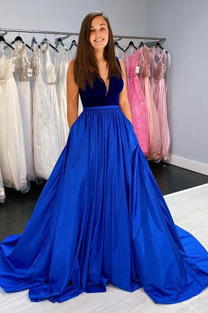 A Line V Neck Blue Velvet Top Long Prom Dress with Pocket, V Neck Blue Formal Graduation Evening Dress A1797