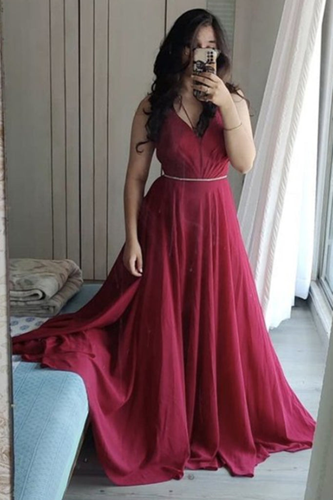 A Line V Neck Burgundy Chiffon Long Prom Dress, V Neck Burgundy Formal