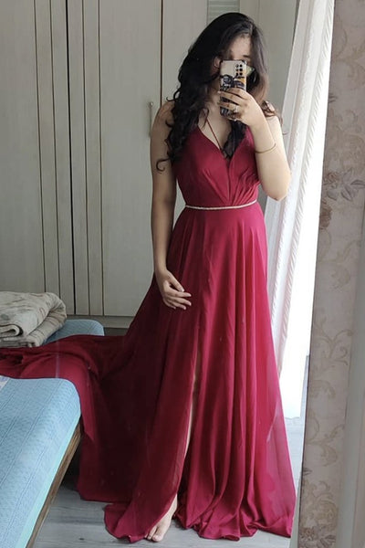 A Line V Neck Burgundy Chiffon Long Prom Dress, V Neck Burgundy Formal Dress, Burgundy Evening Dress