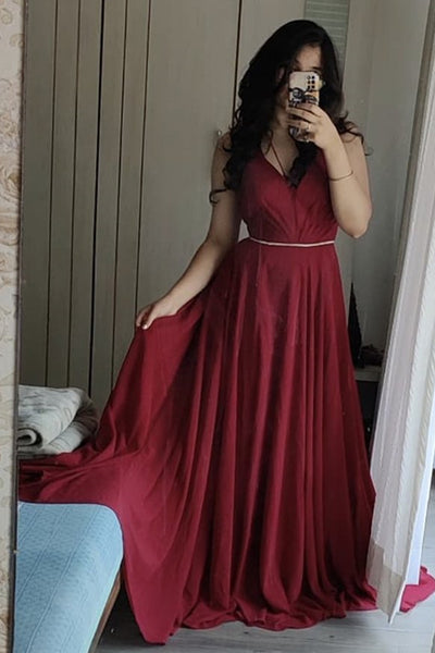 A Line V Neck Burgundy Chiffon Long Prom Dress, V Neck Burgundy Formal Dress, Burgundy Evening Dress