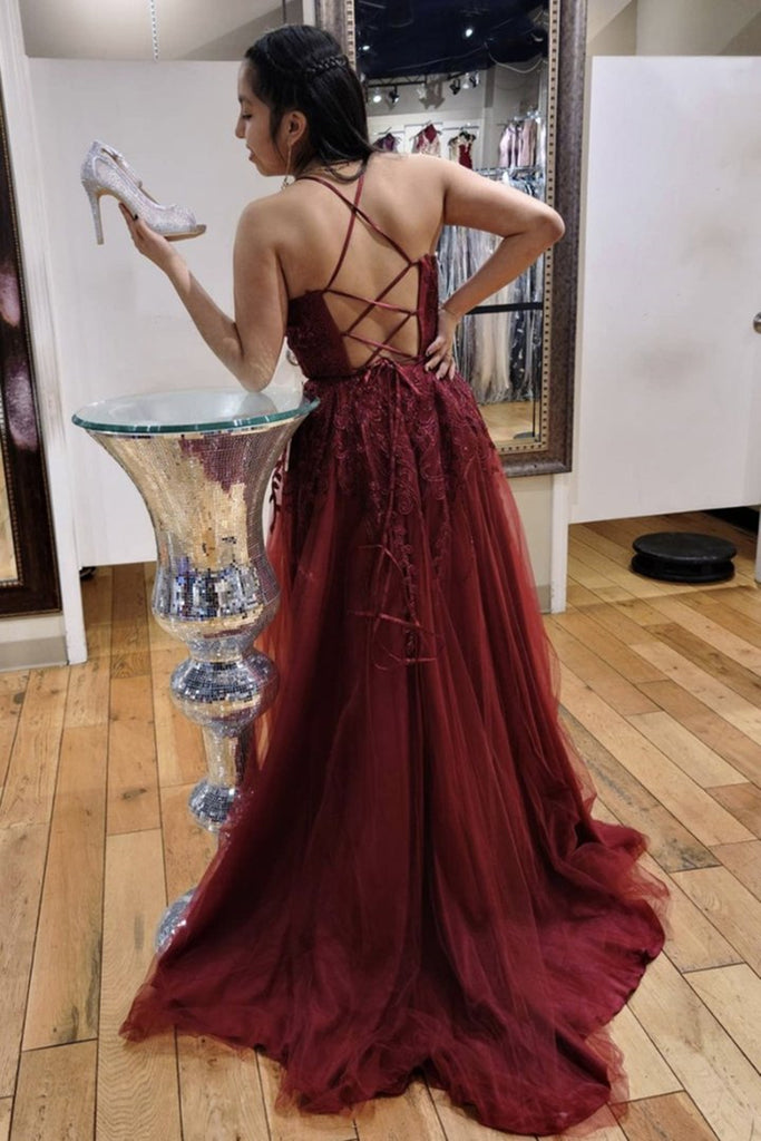 A Line V Neck Burgundy Lace Long Prom Dress, Long Burgundy Lace Formal abcprom A Line V Neck Burgundy Lace Long Prom Dress, Long Burgundy Lace Formal abcprom