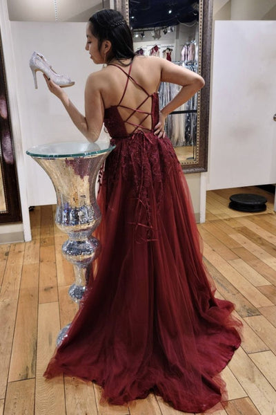 A Line V Neck Burgundy Lace Long Prom Dress, Long Burgundy Lace Formal Evening Dress