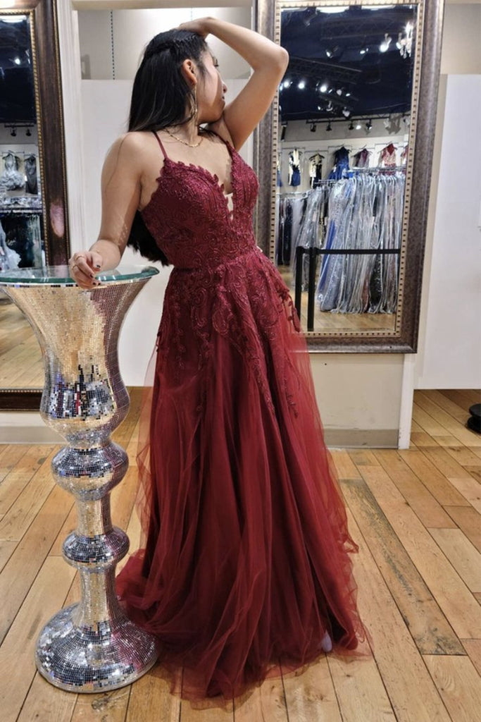 Burgundy Lace Dress Maroon Long Prom Dress Outlet (Maroon Off