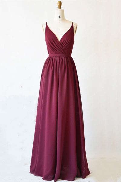 A Line V Neck Burgundy Long Prom Dress with Lace Back, V Neck Burgundy Formal Evening Dress, Burgundy Bridesmaid Dress A1293