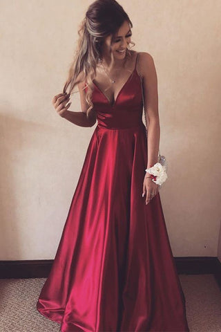 A Line V Neck Burgundy Satin Long Prom Dress, V Neck Burgundy Formal Graduation Evening Dress