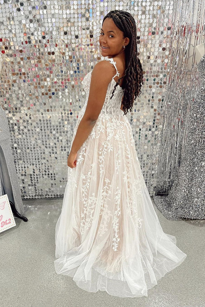 A Line V Neck Champagne Lace Long Prom Dress, Champagne Lace Formal Dr abcprom A Line V Neck Champagne Lace Long Prom Dress, Champagne Lace Formal Dr abcprom