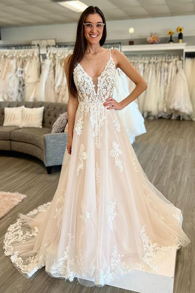 A Line V Neck Champagne Lace Long Prom Dress, Champagne Lace Wedding D abcprom A Line V Neck Champagne Lace Long Prom Dress, Champagne Lace Wedding D abcprom