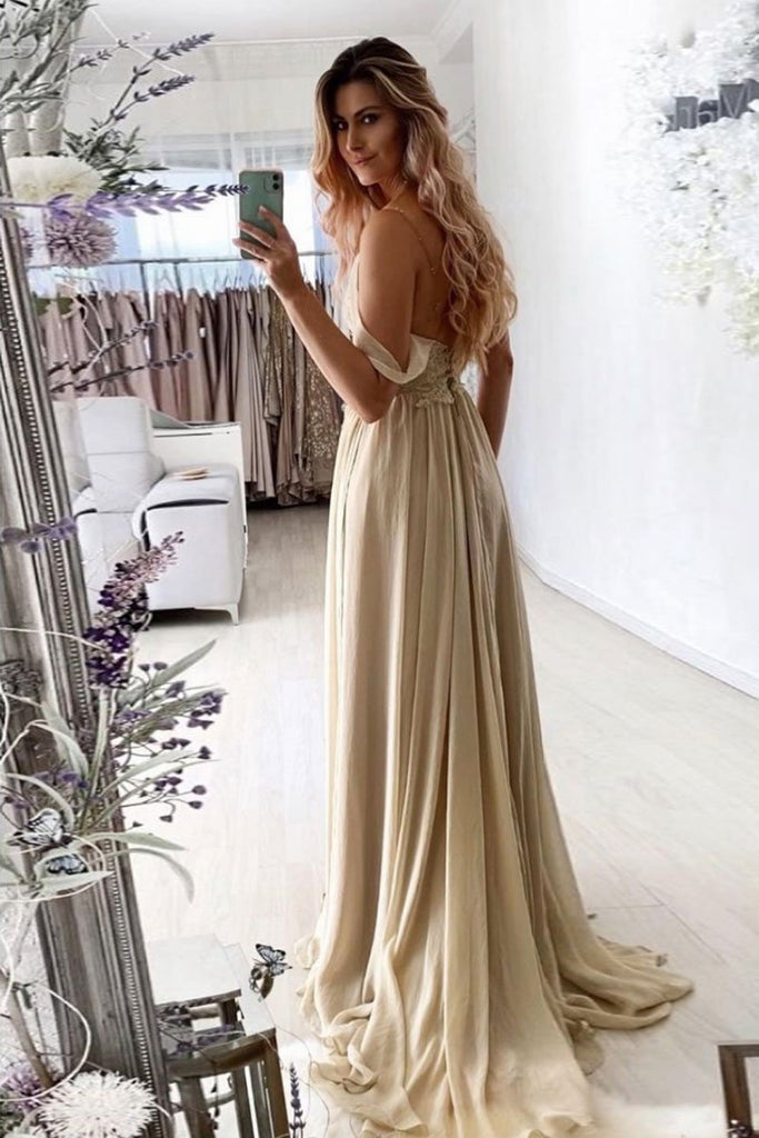 A Line V Neck Champagne Lace Long Prom Dress with Slit, Long Champagne abcprom A Line V Neck Champagne Lace Long Prom Dress with Slit, Long Champagne abcprom