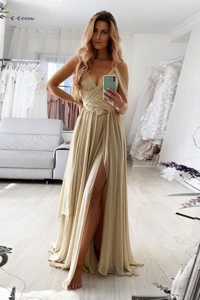 A Line V Neck Champagne Lace Long Prom Dress with Slit, Long Champagne abcprom A Line V Neck Champagne Lace Long Prom Dress with Slit, Long Champagne abcprom