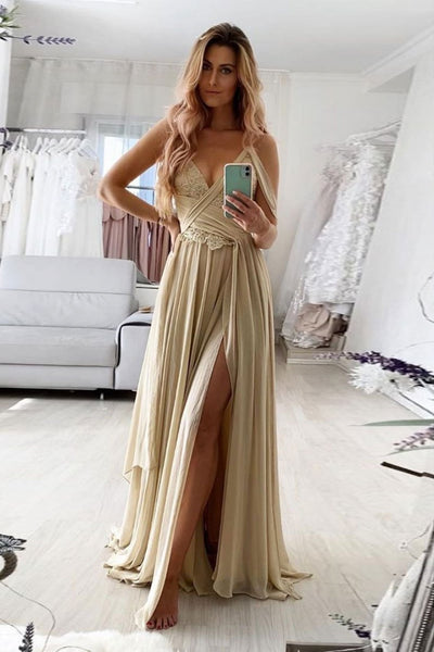 A Line V Neck Champagne Lace Long Prom Dress with Slit, Long Champagne Lace Formal Graduation Evening Dress