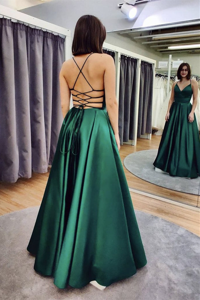 A Line V Neck Floor Length Backless Emerald Green Satin Long Prom Dres abcprom A Line V Neck Floor Length Backless Emerald Green Satin Long Prom Dres abcprom