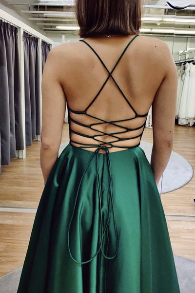 A Line V Neck Floor Length Backless Emerald Green Satin Long Prom Dress, Backless Emerald Green Formal Graduation Evening Dress