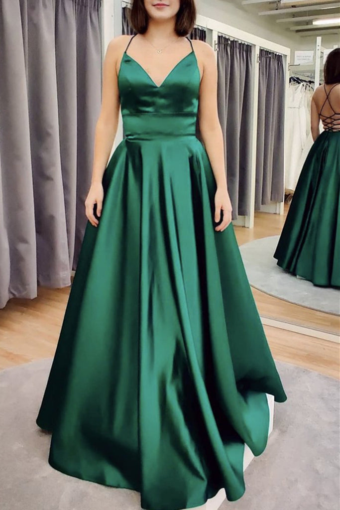 A Line V Neck Floor Length Backless Emerald Green Satin Long Prom Dress, Backless Emerald Green Formal Graduation Evening Dress