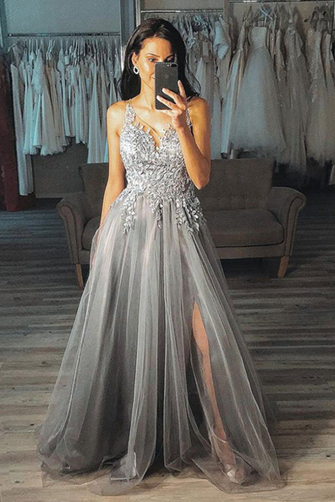 A Line V Neck Gray Lace Long Prom Dresses with Slit, Gray Lace Formal Dresses, Grey Evening Dresses