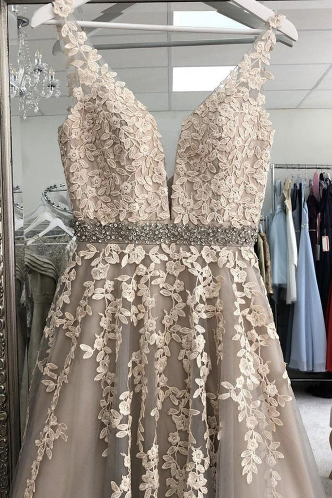 A Line V Neck Gray Lace Long Prom Dress with Belt, Gray Lace Floral Fo –  abcprom