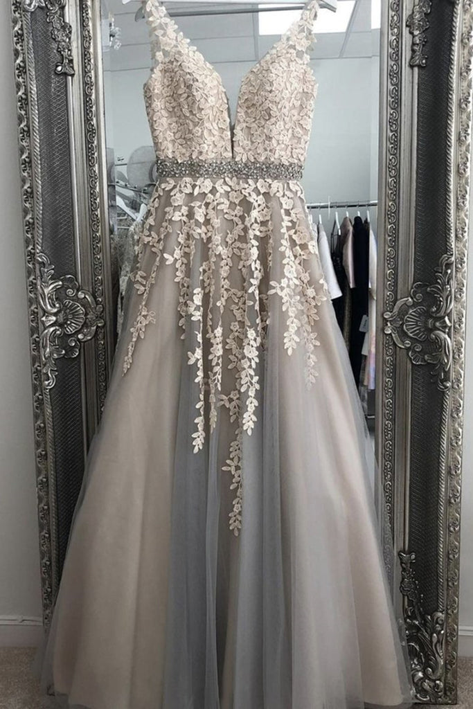 A Line V Neck Gray Lace Long Prom Dress with Belt, Gray Lace Floral Fo abcprom A Line V Neck Gray Lace Long Prom Dress with Belt, Gray Lace Floral Fo abcprom