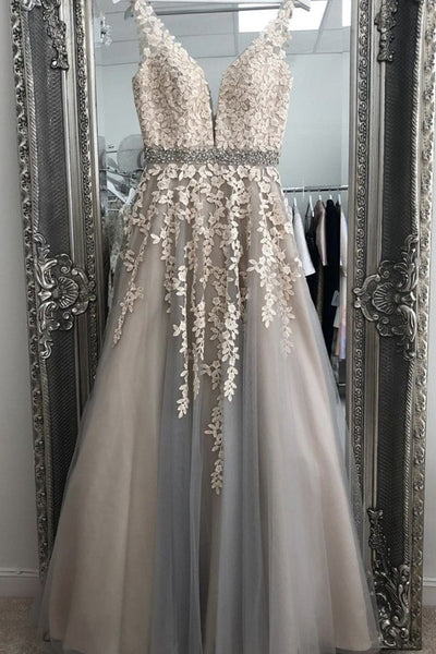 A Line V Neck Gray Lace Long Prom Dress with Belt, Gray Lace Floral Formal Dress, Gray Lace Evening Dress A1290