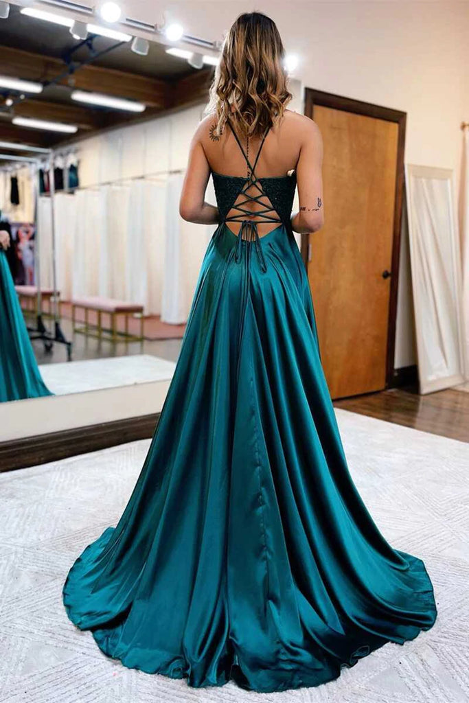 A Line V Neck Green Beaded Lace Long Prom Dress with High Slit, Open B abcprom A Line V Neck Green Beaded Lace Long Prom Dress with High Slit, Open B abcprom