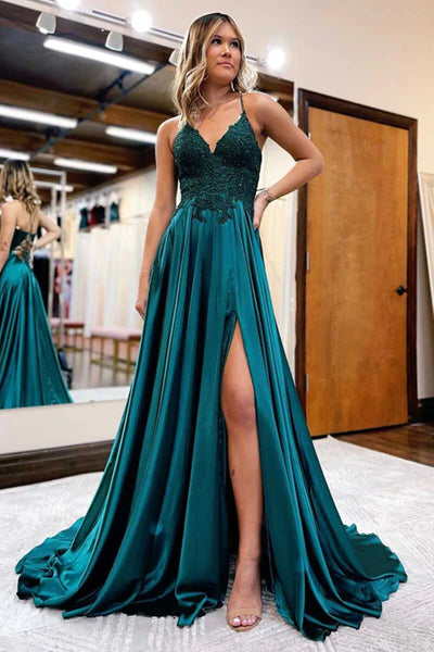 A Line V Neck Green Beaded Lace Long Prom Dress with High Slit, Open Back Green Formal Graduation Evening Dress A1555
