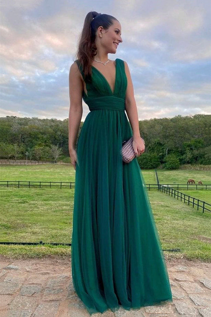 A Line V Neck Green Tulle Long Prom Dress, V Neck Green Formal Graduat abcprom A Line V Neck Green Tulle Long Prom Dress, V Neck Green Formal Graduat abcprom