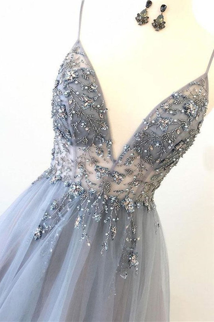 A Line V Neck Grey Beaded Long Prom Dress with Split, Grey Beaded Form abcprom A Line V Neck Grey Beaded Long Prom Dress with Split, Grey Beaded Form abcprom