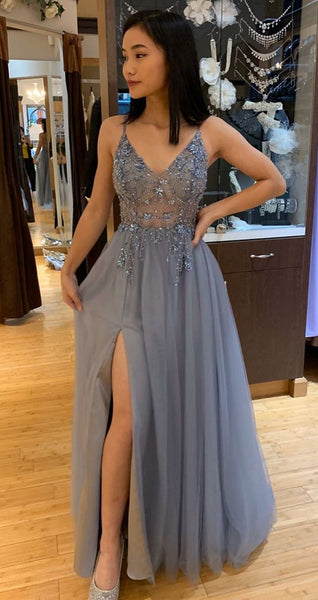 A Line V Neck Grey Beaded Long Prom Dress with Split, Grey Beaded Formal Graduation Evening Dress