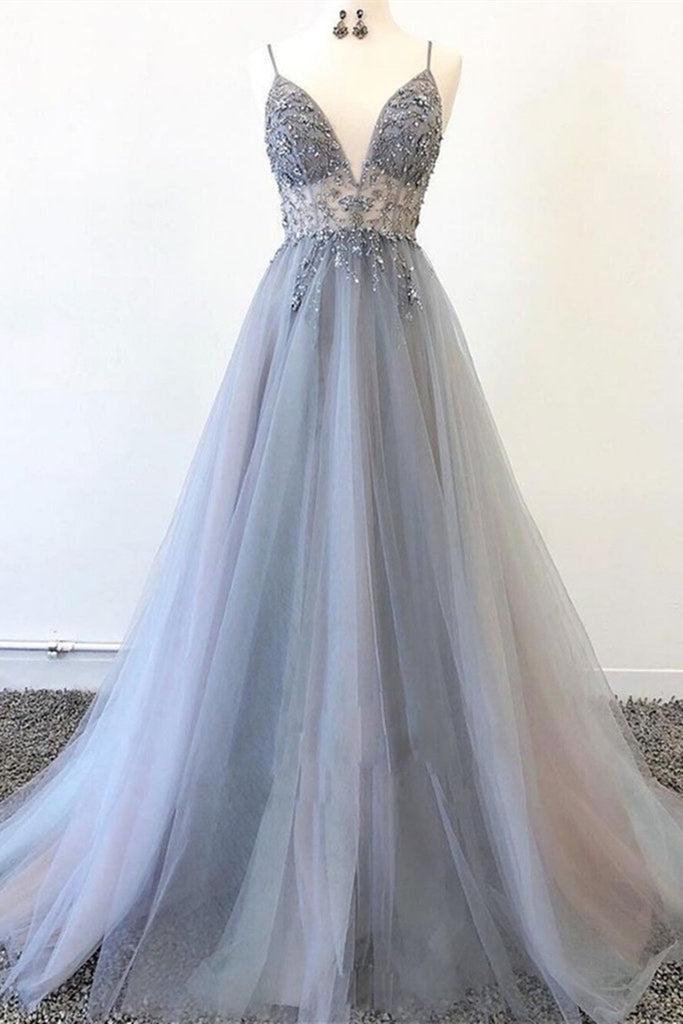 A Line V Neck Grey Beaded Long Prom Dress with Split, Grey Beaded Formal Graduation Evening Dress A Line V Neck Grey Beaded Long Prom Dress with Split, Grey Beaded Formal Graduation Evening Dress
