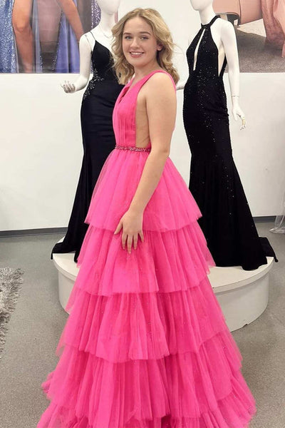 A Line V Neck Hot Pink Tulle Layered Long Prom Dress with Belt, V Neck Hot Pink Formal Graduation Evening Dress A1739