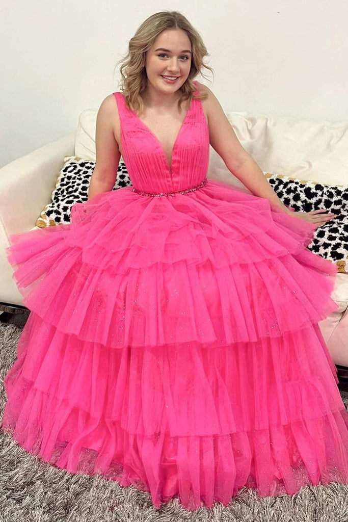 A Line V Neck Hot Pink Tulle Layered Long Prom Dress with Belt, V Neck abcprom A Line V Neck Hot Pink Tulle Layered Long Prom Dress with Belt, V Neck abcprom
