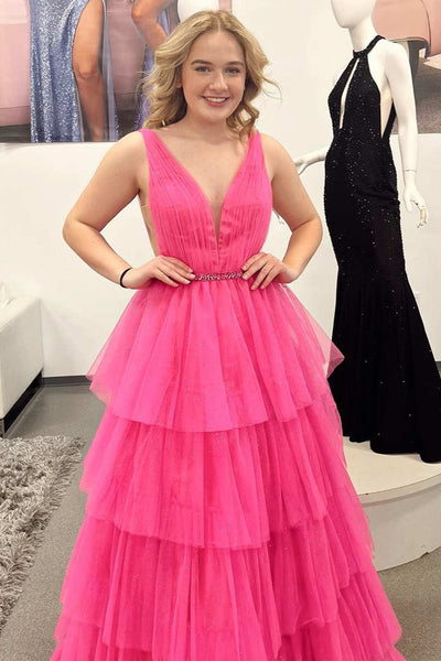 A Line V Neck Hot Pink Tulle Layered Long Prom Dress with Belt, V Neck Hot Pink Formal Graduation Evening Dress A1739
