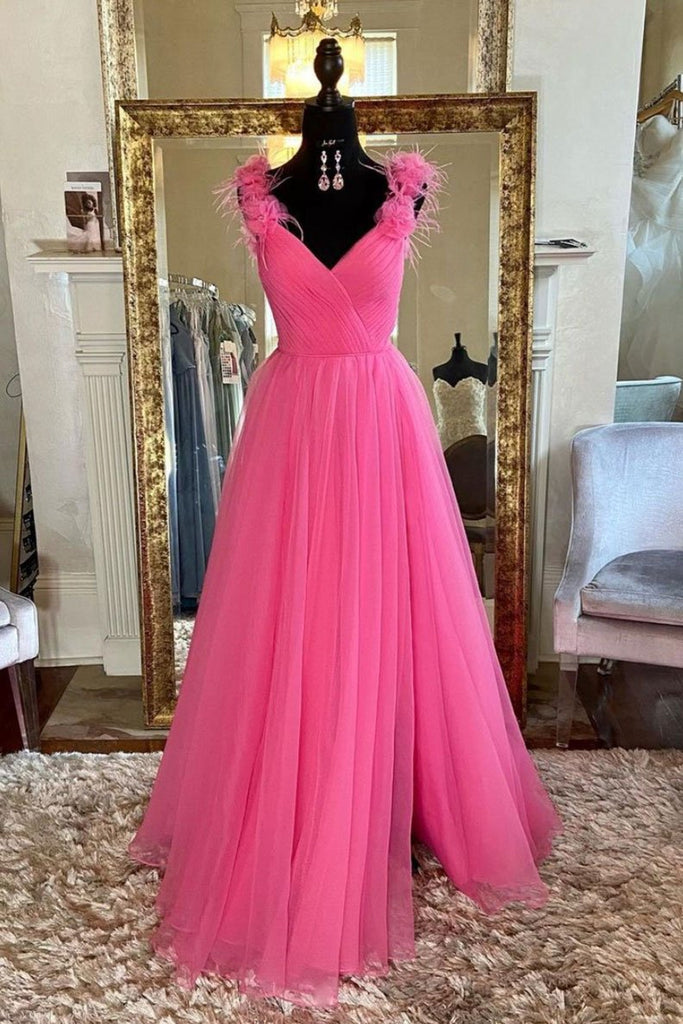 A Line V Neck Hot Pink Tulle Long Prom Dress with Slit, Hot Pink Formal Graduation Evening Dress