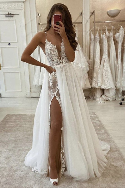 A Line V Neck Ivory Lace Long Prom Wedding Dress with High Slit, Ivory Lace Formal Dress, White Evening Dress