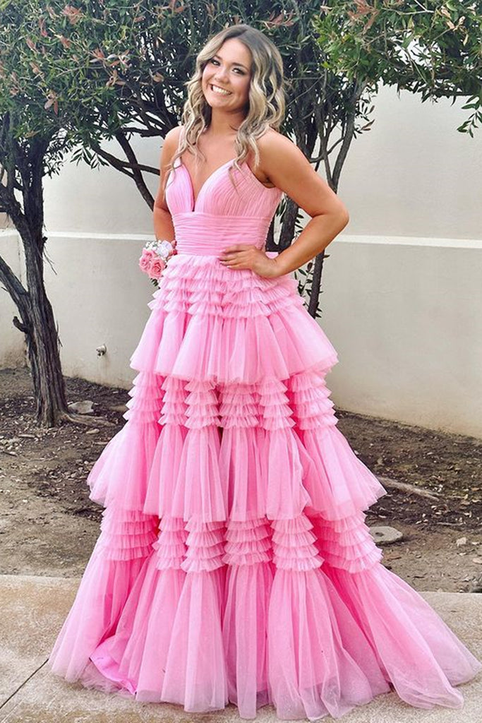 A Line V Neck Layered Pink Prom Dresses Long, V Neck Pink Formal Eveni abcprom A Line V Neck Layered Pink Prom Dresses Long, V Neck Pink Formal Eveni abcprom