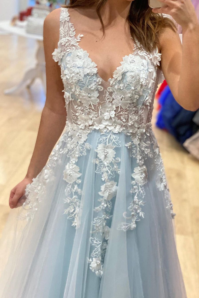 A Line V Neck Light Blue Lace Floral Long Prom Dress, Light Blue Lace abcprom A Line V Neck Light Blue Lace Floral Long Prom Dress, Light Blue Lace abcprom