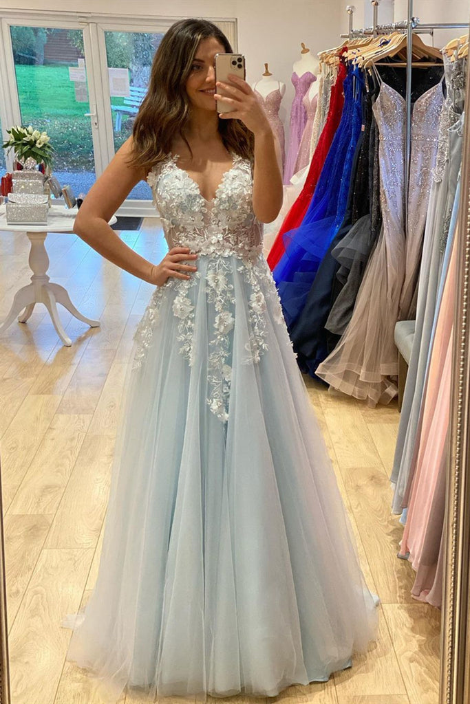 A Line V Neck Light Blue Lace Floral Long Prom Dress, Light Blue Lace abcprom A Line V Neck Light Blue Lace Floral Long Prom Dress, Light Blue Lace abcprom