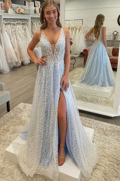 A Line V Neck Light Blue Lace Long Prom Dress with High Slit, Light Blue Lace Formal Graduation Evening Dress A1792