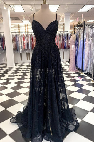 A Line V Neck Long Black Lace Prom Dress, Black Lace Formal Graduation Evening Dress