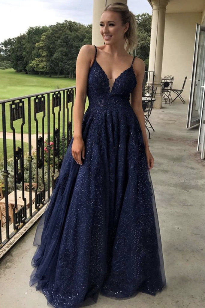 A Line V Neck Navy Blue Lace Long Prom Dress with Sequins, Navy