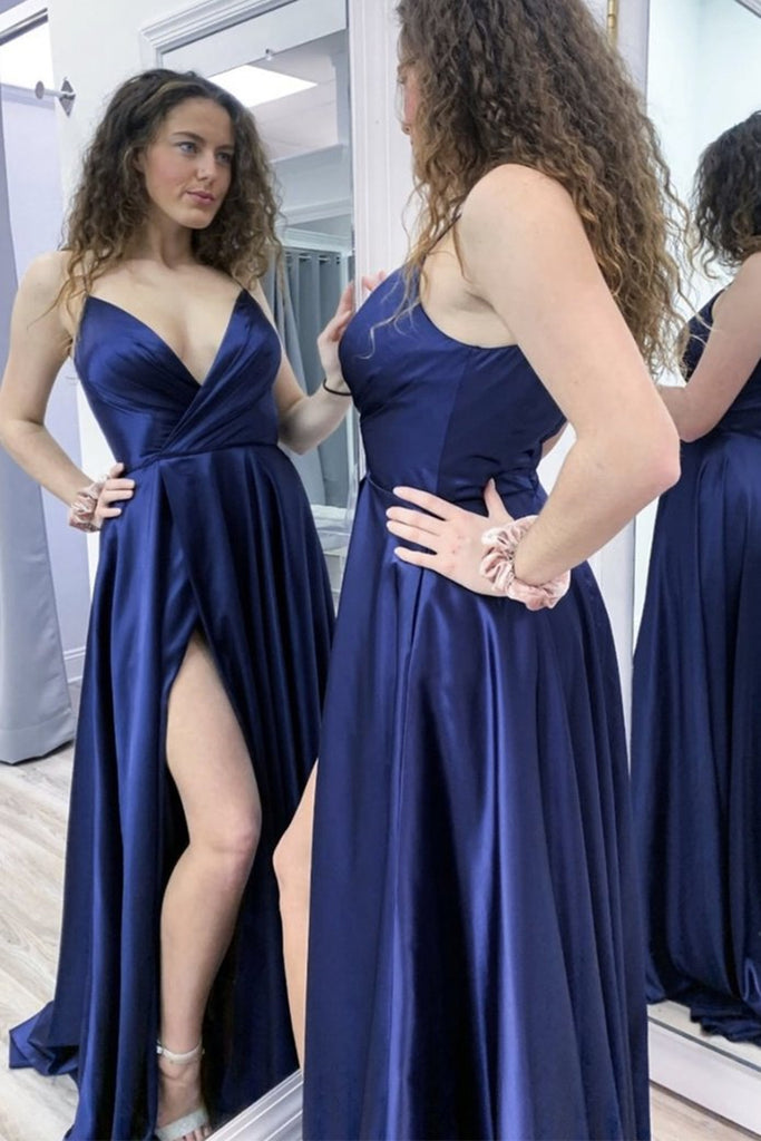A Line V Neck Navy Blue Satin Long Prom Dress with High Slit, V Neck Navy Blue Formal Graduation Evening Dress