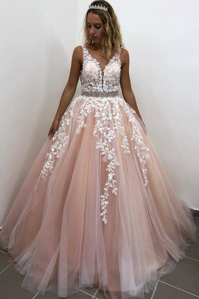 A Line V Neck Open Back Pink Lace Appliques Long Prom Dress, Backless Pink Lace Formal Dress, Pink Evening Dress