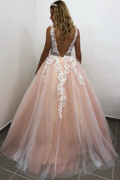 A Line V Neck Open Back Pink Lace Appliques Long Prom Dress, Backless Pink Lace Formal Dress, Pink Evening Dress Measure Guide