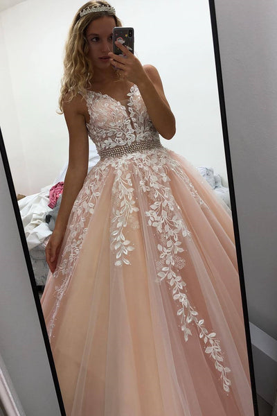 A Line V Neck Open Back Pink Lace Appliques Long Prom Dress, Backless Pink Lace Formal Dress, Pink Evening Dress