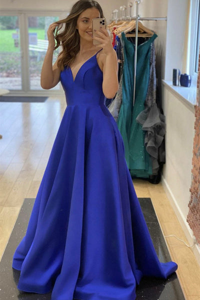 A Line V Neck Open Back Blue Long Prom Dress, Royal Blue Formal Graduation Evening Dress A1635