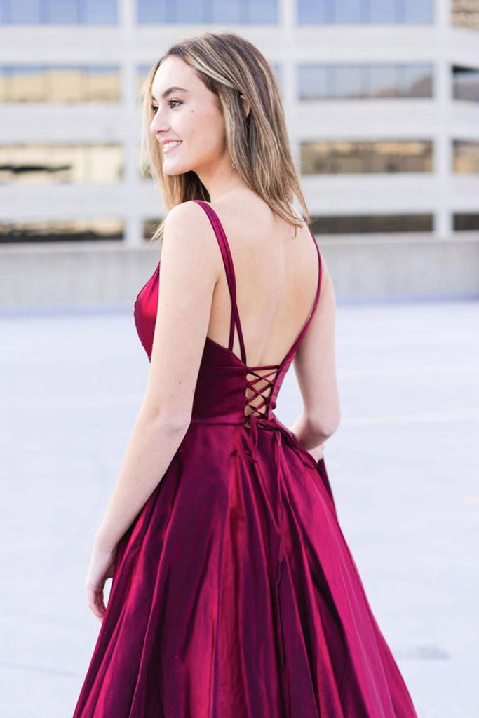 A Line V Neck Open Back Long Burgundy Prom Dress with High Slit, V Nec – abcprom A Line V Neck Open Back Long Burgundy Prom Dress with High Slit, V Nec – abcprom