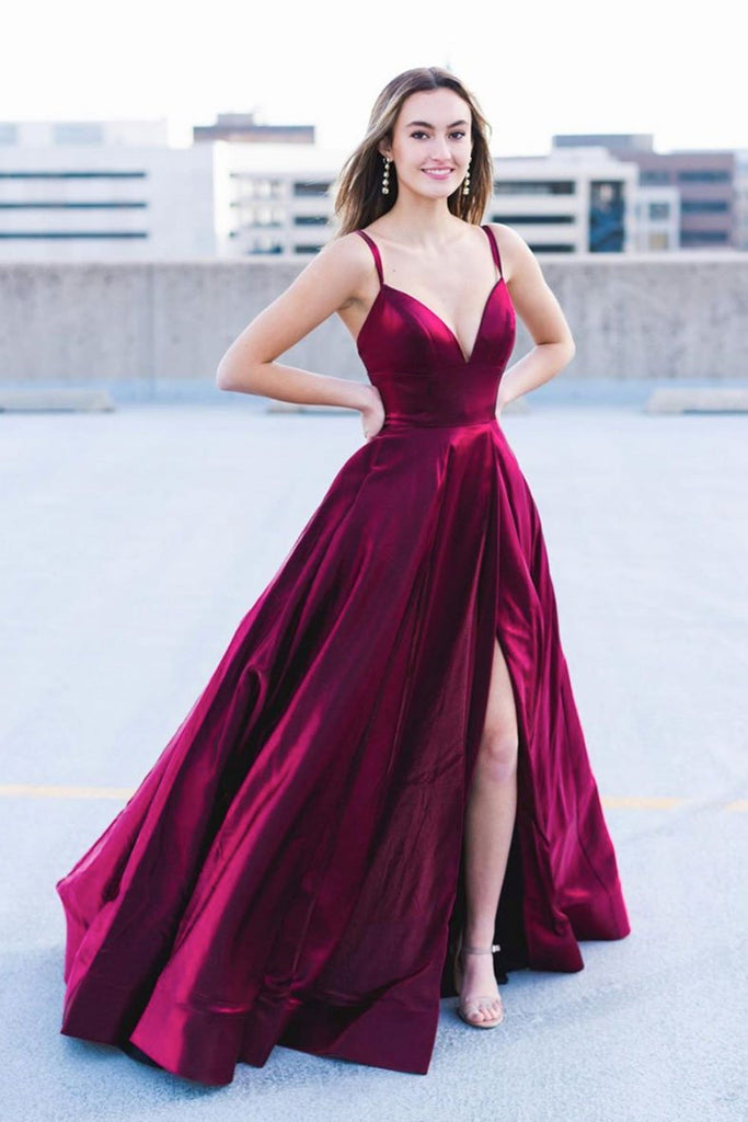 A Line V Neck Open Back Long Burgundy Prom Dress with High Slit, V Nec abcprom A Line V Neck Open Back Long Burgundy Prom Dress with High Slit, V Nec abcprom
