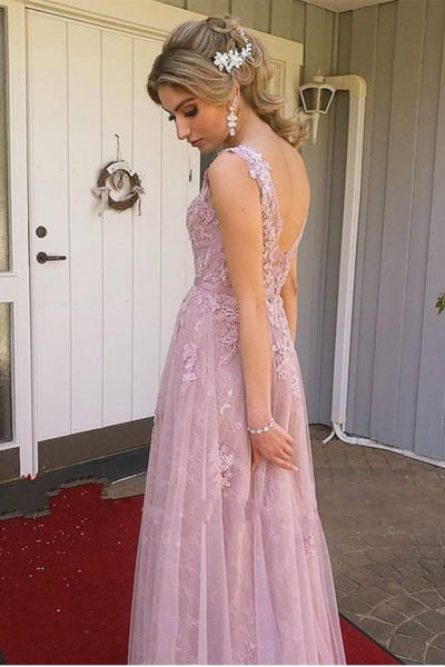 A Line V Neck Open Back Pink Lace Long Prom Dress, Long Pink Lace Formal Graduation Evening Dress A1338