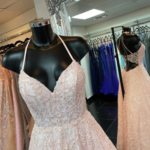 A Line V Neck Open Back Pink Lace Long Prom Dress, Pink Lace Formal Graduation Evening Dress A1346