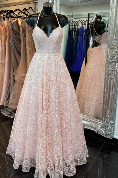 A Line V Neck Open Back Pink Lace Long Prom Dress, Pink Lace Formal Graduation Evening Dress A1346