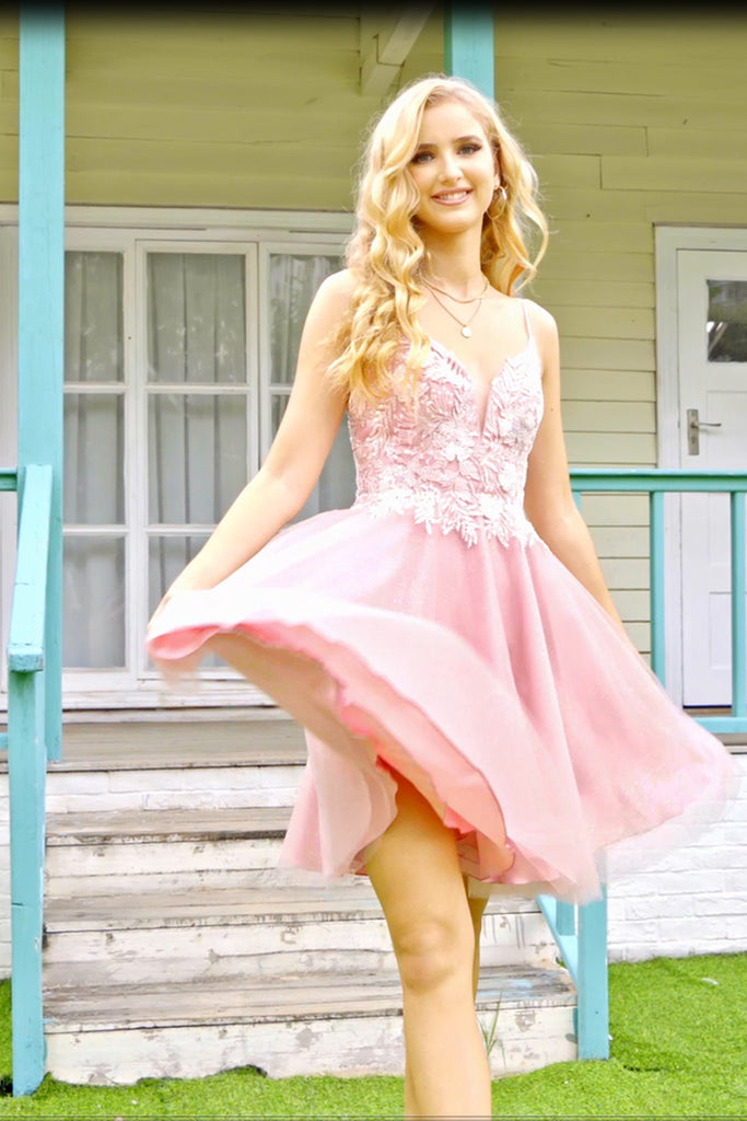 Short V Neck Pink Lace Prom Dresses, Short Pink Lace Graduation Homecoming Dresses main image 1